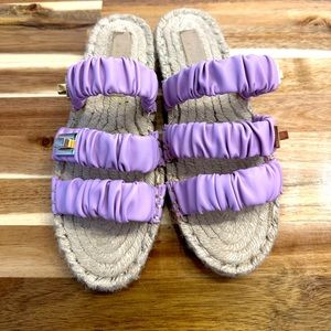 ASOS DESIGN JERRY RUCHED STRAPPY ESPADRILLE MULES IN LILAC